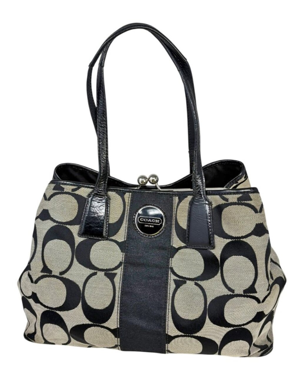 Coach F13533 Signature Stripe Framed Carryall Tote Shoulder Bag